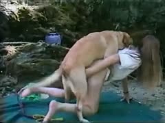 Horny golden-haired legal age teenager got screwed by a dog outdoors 
